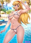  1girl arm_up armpits artist_name bare_shoulders bikini blonde_hair blue_eyes breasts choker collarbone commentary_request covered_nipples cutie_honey cutie_honey_(character) hair_ornament hairband highres large_breasts lips long_hair looking_at_viewer navel open_mouth oyaman photo_background shiny_skin solo stomach swimsuit teeth thighs upper_teeth_only 