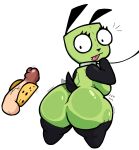  2024 anthro big_butt breasts butt canid canine canis collar digital_drawing_(artwork) digital_media_(artwork) domestic_dog erection female food genitals gir_(invader_zim) green_body hi_res invader_zim lewdewott looking_back machine male mammal nickelodeon on_leash penis robot short_stack simple_background solo standing taco tail tail_motion tailwag thick_thighs tongue tongue_out white_background 