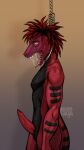  absurd_res anthro aroused asphyxiation bodily_fluids furx_(character) gallow genitals hang hi_res imminent_death kolkolukija lizard male noose red_body reptile saliva scalie sharp_teeth snuff solo strangling teeth tongue tongue_out violence 