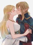  1boy 1girl bare_arms bare_shoulders blonde_hair blush breasts brown_hair dress earrings facing_another from_side gloves grey_background hetero highres jewelry kiss large_breasts link necklace official_alternate_costume pointy_ears ponytail princess_zelda seri_(yuukasakura) simple_background smile the_legend_of_zelda the_legend_of_zelda:_breath_of_the_wild white_dress white_gloves 
