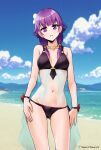  1girl aegis_(nerocc) artist_name beach bikini black_bikini blue_sky breasts cameltoe cleft_of_venus cloud commentary_request cowboy_shot day fire_emblem fire_emblem:_the_sacred_stones fire_emblem_heroes highres long_hair lute_(fire_emblem) lute_(summer)_(fire_emblem) mountainous_horizon navel ocean official_alternate_costume outdoors purple_eyes purple_hair sky small_breasts solo standing swimsuit twintails watermark 