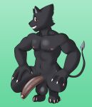  anthro balls big_penis black_body crouching digitigrade fours_(artist) genitals hi_res male muscular muscular_male penis red_eyes rex_(fours) smile solo warg_(fours) 