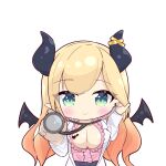  1girl absurdres aqua_eyes bat_tattoo black_horns black_skirt blonde_hair blurry blurry_foreground blush breast_tattoo breasts center_frills chibi chibi_only closed_mouth coat demon_girl demon_horns demon_wings depth_of_field frilled_shirt frills gradient_hair highres hololive horn_ornament horn_ring horns lab_coat large_breasts long_hair looking_at_viewer multicolored_hair nishi_azuma open_clothes open_coat pink_hair pink_shirt pointy_ears red_coat shirt simple_background skirt sleeveless sleeveless_shirt smile solo stethoscope tattoo two-sided_coat two-sided_fabric virtual_youtuber white_background white_coat winged_heart wings yuzuki_choco yuzuki_choco_(1st_costume) 