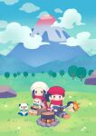  1boy 1girl akari_(pokemon) book campfire chibi chibi_only closed_mouth cloud cooking_pot cyndaquil hat head_scarf highres holding holding_book mountain on_grass oshawott outdoors pokemon pokemon_legends:_arceus red_hat red_scarf rei_(pokemon) rock rowlet sandals scarf sitting smile solid_oval_eyes sunakuraiori tree white_scarf 