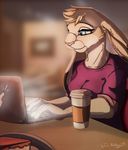  anthro beverage blue_eyes blurred_background clothed clothing coffee computer digital_media_(artwork) eyelashes female fur lagomorph laptop mammal rabbit smile solo tai_lung_(artist) tan_fur 