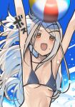  1girl arms_up ashinowoto ball bare_arms bare_shoulders beachball black_bra bra breasts breasts_apart floating_hair gakuen_idolmaster grey_hair highres idolmaster long_hair looking_up navel open_mouth orange_eyes outdoors ribs shinosawa_hiro small_breasts smile solo underwear upper_body water wet 