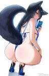 1girl animal_ears ass back bare_shoulders black_hair blue_eyes blush breasts cellphone fox_ears fox_girl fox_tail high_heels highres large_breasts long_hair looking_at_viewer looking_back open_mouth original phone reiko_(tofuubear) slingshot_swimsuit solo squatting swimsuit tail tofuubear 