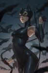  1girl armpit_cutout bat_(animal) black_bodysuit black_gloves black_mask bodysuit breasts catwoman clothing_cutout commentary dc_comics english_commentary gloves green_eyes highres jee-hyung_lee looking_at_viewer medium_breasts night outdoors selina_kyle signature solo 