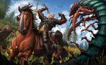  1boy armor artist_name battle beard blue_sky bug centipede cloud commentary day dragon english_commentary facial_hair geralt_of_rivia giant_insect highres holding holding_sword holding_weapon horse initial long_hair monster open_mouth outdoors patrick_brown roach_(witcher) sky sword teeth the_witcher_(series) the_witcher_3 tree weapon white_hair witcher_medallion wolf_armor_(witcher) 