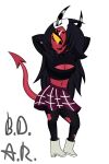  absurd_res anthro b.d.a.r. bottomwear clothed clothing demon demon_humanoid eye_scar facial_scar female gynomorph_(lore) helluva_boss hi_res humanoid imp looking_down presenting sallie_may_(helluva_boss) scar skirt solo trans_(lore) trans_woman_(lore) 