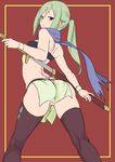  aqua_hair ass clemea commentary from_behind highres holding holding_sword holding_weapon kono_subarashii_sekai_ni_shukufuku_wo! looking_at_viewer looking_back no_panties ponytail pussy sheath solo sword thighhighs unsheathing wantsupanchi!! weapon 