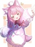  &gt;_&lt; 1girl ahoge animal_ear_fluff animal_ears arm_up blush bow cat_ears cat_girl cat_tail character_request copyright_request dress hair_bow head_tilt highres long_hair open_mouth outline purple_hair six_box sleeves_past_wrists solo tail v white_outline 