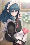  1girl absurdres alternate_costume apron ass black_dress blue_eyes blue_hair blush breasts broken broken_vase byleth_(female)_(fire_emblem) byleth_(fire_emblem) dress duster enmaided fire_emblem fire_emblem:_three_houses flower gonzarez hair_between_eyes highres indoors large_breasts long_hair long_sleeves looking_at_viewer maid maid_headdress nervous nervous_smile playing_with_own_hair revision sitting smile solo vase white_apron white_flower 