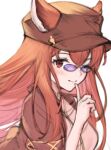  1girl animal_ears anthuria blush breasts erune finger_to_mouth granblue_fantasy hat highres koretsuki_azuma long_hair medium_breasts red_eyes red_hair smile solo sunglasses upper_body very_long_hair 