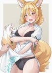  1girl 1other absurdres animal_ears black_panties blonde_hair blush breasts cleavage clothes_lift collarbone cowboy_shot flying_sweatdrops fox_ears fox_tail green_ribbon hair_between_eyes highres kudamaki_tsukasa large_breasts open_mouth panties ramie_(ramie541) revision ribbon romper short_hair solo_focus tail touhou underwear white_romper yellow_eyes 