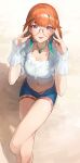  1girl :p absurdres adjusting_eyewear bespectacled blue_shorts breasts choker crossed_legs feathers glasses green_choker green_feathers hair_ornament hairclip hands_up highres hololive hololive_english kiokoii looking_at_viewer medium_breasts midriff multicolored_hair navel open_fly orange_hair purple_eyes shirt short_shorts shorts sitting solo stomach streaked_hair takanashi_kiara takanashi_kiara_(casual) thighs tongue tongue_out virtual_youtuber white_shirt 