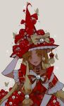  1girl blonde_hair blush_stickers bug butterfly dress fly_agaric frilled_hat frills gloves hand_on_headwear hand_up hat highres littlebluemuffin long_hair mushroom open_mouth original red_pupils ribbon short_sleeves smile solo thick_eyebrows very_long_hair witch witch_hat yellow_eyes 