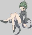  1girl black_dress breasts dress expressionless full_body green_eyes green_hair grey_background highres impossible_clothes impossible_dress one-punch_man pantsu-ripper small_breasts solo tatsumaki 