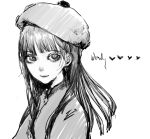  1girl beret closed_mouth greyscale hat heart highres jacket jiz_(pffbq) long_hair looking_at_viewer monochrome simple_background smile solo south_park upper_body wendy_testaburger white_background 