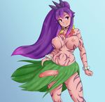  afrobull blue_background breasts erection futanari grass_skirt karametra large_breasts large_penis long_hair nipples penis purple_eyes purple_hair smile solo solo_focus standing tattoo 