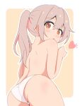  1girl :o ass back blush border brown_eyes commentary from_behind hair_between_eyes heart highres long_hair looking_at_viewer looking_back onii-chan_wa_oshimai! open_mouth outline outside_border oyama_mahiro panties pink_hair ponytail simple_background solo topless underwear underwear_only unkimo white_border white_outline white_panties yellow_background 