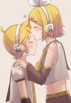  1boy 1girl absurdres bishounen blonde_hair blush brother_and_sister closed_eyes commentary_request detached_sleeves hair_ornament hairclip headphones headset heart highres hisui_ame kagamine_len kagamine_rin kiss_day short_hair shoulder_tattoo siblings simple_background tattoo upper_body vocaloid 