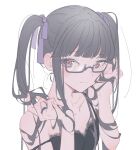  1girl bad_id bad_twitter_id bang_dream! black-framed_eyewear black_hair blunt_bangs brown_eyes closed_mouth glasses hair_ornament hair_ribbon hands_up highres holding holding_own_hair long_hair looking_at_viewer nyubara_reona purple_ribbon ribbon shiontaso sidelocks simple_background solo spaghetti_strap strap_slip twintails upper_body white_background 