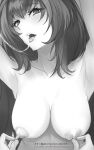  1girl arms_up blush breasts collarbone dynamitenatalia fate/grand_order fate_(series) greyscale highres large_breasts long_hair looking_at_viewer monochrome nipple_stimulation nipple_tweak nipples nude open_mouth scathach_(fate) solo solo_focus 