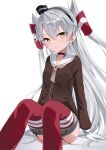  1girl :&lt; amatsukaze_(kancolle) ass black_choker blush brown_dress choker closed_mouth dress fathom feet_out_of_frame gloves grey_hair hair_between_eyes hair_tubes highres kantai_collection long_hair long_sleeves looking_at_viewer red_thighhighs sailor_collar sailor_dress simple_background sitting solo thighhighs twitter_username white_background white_gloves white_sailor_collar yellow_eyes 