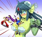  2girls =_= angry arms_up bare_shoulders between_breasts blue_background blue_hair blush bolo_(shantae) breasts chain cleavage closed_eyes cuffs dark_skin eyebrows_visible_through_hair forehead_jewel forehead_protector gem giantess giga_mermaid green_skin hair_ornament hand_on_another's_chest happy harem_pants head_fins headband jealous large_breasts mermaid monster_girl multiple_girls navel no_mouth o-ring o-ring_top open_mouth pants person_between_breasts pervert pointing pointy_ears ponytail purple_hair red_eyes restrained shantae:_half-genie_hero shantae_(character) shantae_(series) shell shell_bikini shoes simple_background spiked_hair tears upper_body wanao wristband 
