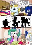  2017 animated blue_eyes blue_fur blue_hair cake comic crown eating english_text equine female feral food friendship_is_magic fur group hair horn inside magic mammal multicolored_hair my_little_pony mysticalpha patreon princess_celestia_(mlp) princess_luna_(mlp) text unicorn white_fur 