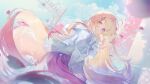  1girl blonde_hair blue_sky blurry blurry_foreground cherry_blossoms closed_mouth cloud cloudy_sky day dotori_(seulseul) falling_petals gradient_hair hair_ornament hairpin happy highres hololive jacket long_hair long_sleeves looking_at_viewer multicolored_hair musical_note musical_note_hair_ornament otonose_kanade outdoors petals pink_eyes pink_hair pink_petals pink_skirt pleated_skirt sidelocks skirt sky smile solo spring_(season) tree very_long_hair virtual_youtuber white_jacket 