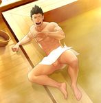  1boy :o abs bara barefoot bath blush brown_eyes brown_hair feet full_body itto_(mentaiko) looking_at_viewer lying male_focus muscle nipples open_mouth pecs sangokushi_puzzle_taisen sauna solo_focus sun_quan sweat teeth testicles toes tongue towel water 