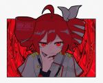  1girl abstract_background ahoge artist_name border buttons closed_mouth drill_hair grey_jacket hair_ribbon hand_up hashtag-only_commentary jacket kasane_teto kasane_teto_(sv) long_sleeves looking_at_viewer outside_border red_background red_eyes red_hair ribbon solo synthesizer_v takamiya_yuu twin_drills twitter_username upper_body utau watermark white_border 