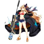  1girl ahoge alternate_costume bikini black_bow black_coat blonde_hair bow breasts cleavage closed_mouth coat flame_print full_body gun hair_bow highres kirisame_marisa kirisame_marisa_(witch_of_scarlet_dreams) kirisame_marisa_(witch_of_scarlet_dreams_on_vacation) large_breasts long_hair looking_at_viewer red_bikini red_nails rotte_(1109) simple_background solo standing star_(symbol) swimsuit third-party_source touhou touhou_lostword weapon white_background 
