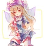  american_flag american_flag_dress american_flag_legwear blonde_hair clownpiece dress dress_lift fairy fairy_wings frilled_shirt_collar frills hat jester_cap long_hair neck_ruff pantyhose pink_eyes polka_dot print_legwear short_dress short_sleeves solo sorani_(kaeru0768) star star_print striped striped_legwear touhou very_long_hair wings 