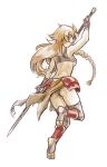  1girl armor ass back black_panties black_sports_bra braid breasts english_commentary feet fighting_stance fingerless_gloves gloves hip_armor holding holding_polearm holding_weapon jumping les_chevaucheurs loincloth long_hair looking_at_viewer looking_back maxa&#039; messy_hair midriff orange_hair panties pantyshot phenice_walholl polearm red_armor shiny_skin sideboob sketch soles solo spear sports_bra thighs toes underboob underwear weapon white_background yellow_eyes 