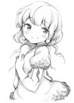 1girl blush closed_mouth commentary_request dress ebisu_eika frilled_sleeves frills from_side greyscale hands_on_own_chest harusame_(unmei_no_ikasumi) long_earlobes looking_at_viewer medium_hair monochrome puffy_short_sleeves puffy_sleeves short_sleeves smile solo touhou white_background 