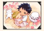  1boy 1girl aged_down black_hair blonde_hair brother_and_sister closed_eyes commentary_request flower hat holding_baby magu_pink one_piece shirt siblings signature sitting sleeping smile stuffed_animal stuffed_toy swaddled teddy_bear trafalgar_lami trafalgar_law white_shirt yellow_eyes 