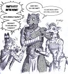  0laffson 5_fingers anthro biped bottomwear canid canine canis clothing dialogue english_text fangs felid feline fingers fur gladiator gladiator_cat_(0laffson) group hi_res humor leopard loincloth male mammal monochrome open_mouth pantherine serval speech_bubble tail teeth text trio warrior wolf 