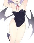 1girl bare_arms bare_shoulders beni_kurage black_leotard black_wings breasts demon_wings fang highleg highleg_leotard highres leotard medium_hair open_mouth playboy_bunny purple_hair remilia_scarlet short_hair simple_background small_breasts strapless strapless_leotard teeth touhou white_background wings 