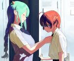  2girls adjusting_another&#039;s_clothes adjusting_bowtie ahoge aqua_hair averting_eyes blush bow bowtie braid closed_eyes collared_shirt cone_horns from_side hair_between_eyes horns locker locker_room long_hair low-braided_long_hair low-tied_long_hair multiple_girls original parted_lips profile red_hair shirt shirt_tucked_in short_sleeves sidelighting single_braid some1else45 sweater_vest two_side_up upper_body 
