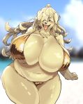  anthro beach belly belly_overhang big_breasts bikini breasts camel_toe canid canine canis cleavage clothed clothing curvy_figure digital_media_(artwork) domestic_dog eyes_closed female fluffy fluffy_hair gold_bikini golden_week hair hair_over_eye hi_res huge_breasts kemono leaning leaning_forward long_hair mammal navel one_eye_obstructed outside playing_with_hair portrait slightly_chubby smile solo swimwear thick_thighs three-quarter_portrait tongue tongue_out voluptuous yoona 