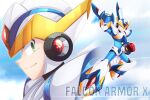  1boy android arm_cannon armor axasempai character_name falcon_armor_x_(mega_man) forehead_jewel full_body green_eyes helmet male_focus mechanical_wings mega_man_(series) mega_man_x_(series) multiple_views weapon white_armor white_helmet wings x_(mega_man) x_buster 