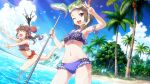  22/7 22/7_ongaku_no_jikan 2girls beach bikini blue_sky brown_hair collarbone diving_mask diving_mask_on_head dutch_angle fish frilled_bikini frills game_cg goggles goggles_on_head grey_eyes grey_hair high_side_ponytail highres hiiragi_tsubomi holding holding_polearm holding_weapon ink lens_flare long_hair looking_at_viewer medium_hair multiple_girls navel non-web_source ocean octopus official_art one_eye_closed open_mouth outdoors palm_tree polearm single_sidelock sky smile snorkel sparkle splashing striped_bikini striped_clothes swimsuit teardrop teeth toda_jun tree upper_teeth_only v water_drop weapon 