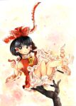  1girl ascot black_hair bloomers bobby_socks bow closed_mouth detached_sleeves frilled_bow frilled_hair_tubes frills gohei hair_bow hair_tubes hakurei_reimu highres medinki official_style painting_(medium) red_bow red_eyes red_skirt ribbon-trimmed_sleeves ribbon_trim short_hair skirt smile socks solo touhou traditional_media watercolor_(medium) white_bloomers white_sleeves white_socks yellow_ascot zun_(style) 
