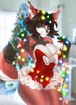 abstract_background anthro big_breasts black_hair blue_eyes breasts canine christmas christmas_lights christmas_tree clothed clothing female fox fully_clothed fur hair hi_res holidays huge_breasts looking_at_viewer mammal multicolored_fur nitricacid short_hair smile snout solo tree wide_hips 