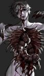  1boy absurdres black_background black_eyes blood blood_on_hands body_horror brown_hair claws closed_mouth completely_nude english_commentary guro hands_up highres intestines looking_at_viewer male_focus nude original petite_ven ribs short_hair simple_background smile upper_body very_short_hair 