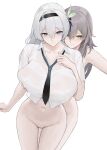  2girls black_hairband black_necktie bottomless breasts brown_hair closed_mouth completely_nude cowboy_shot dutch_angle english_commentary firefly_(honkai:_star_rail) front-to-back grabbing grabbing_another&#039;s_breast grey_hair hair_between_eyes hairband hand_up highres honkai:_star_rail honkai_(series) large_breasts liangfen long_hair looking_at_viewer multiple_girls navel necktie nude shirt simple_background stelle_(honkai:_star_rail) stomach trailblazer_(honkai:_star_rail) white_background white_shirt yellow_eyes yuri 