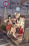  4girls ;d backpack bag black_hair commentary double_v english_commentary fujiwara_no_mokou full_body google_street_view hair_bo high_school_girls_posing_for_google_street_view_(meme) highres houraisan_kaguya inaba_tewi long_hair looking_at_viewer meme multiple_girls one_eye_closed outdoors outstretched_arm pants purple_hair red_eyes red_footwear red_pants red_skirt reisen_udongein_inaba road_sign sazzuno shirt sidelocks sign skirt smile standing standing_on_one_leg touhou v white_hair white_shirt 